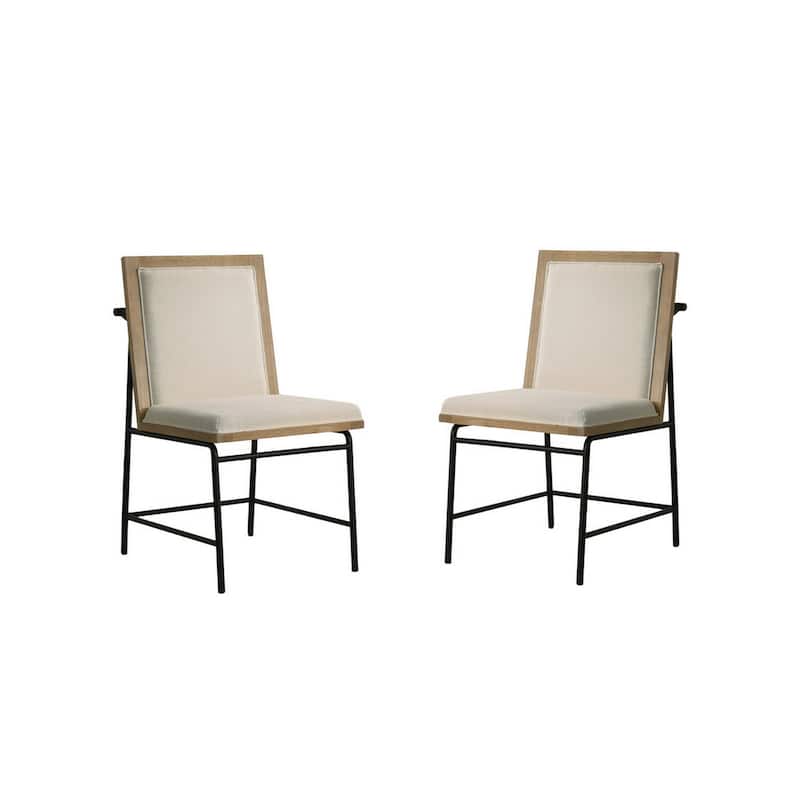 Tory 25 Inch Dining Chair Set of 2, Cream Fabric, Brown Wood, Black Metal