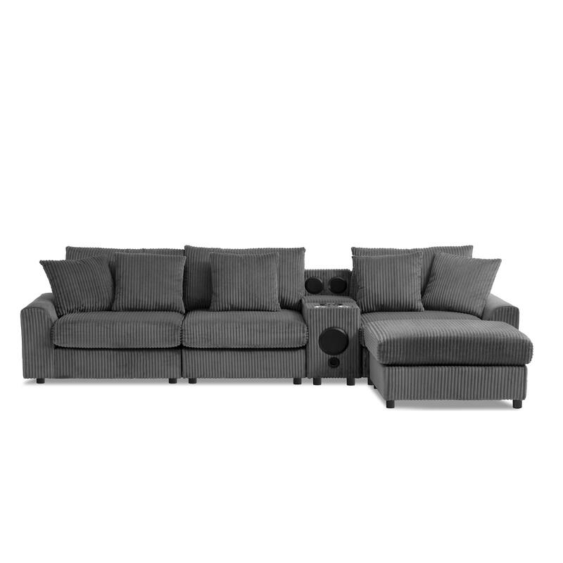 Roomfitters 112" Corduroy Sectional Sofa, L Shaped Couch with Console, Deep Wide Seat, Ottoman, Dark Gray