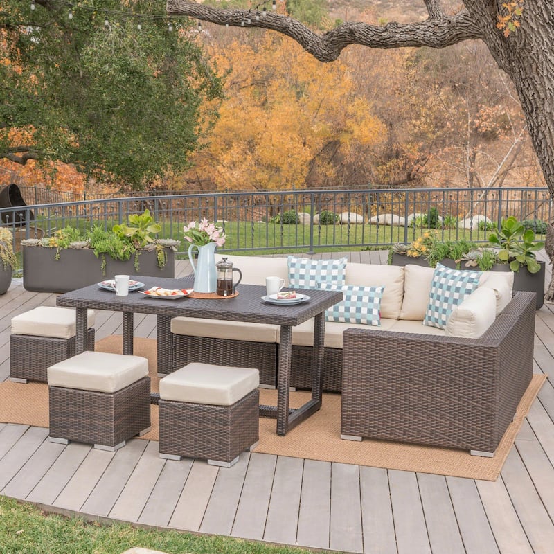 Santa Rosa Outdoor 8-Piece Rectangle Aluminum Wicker Dining Sofa Set with Cushions by Christopher Knight Home