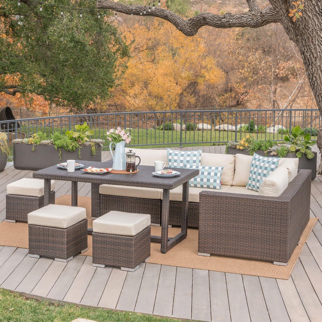 Santa Rosa Outdoor 8-Piece Rectangle Aluminum Wicker Dining Sofa Set with Cushions by Christopher Knight Home