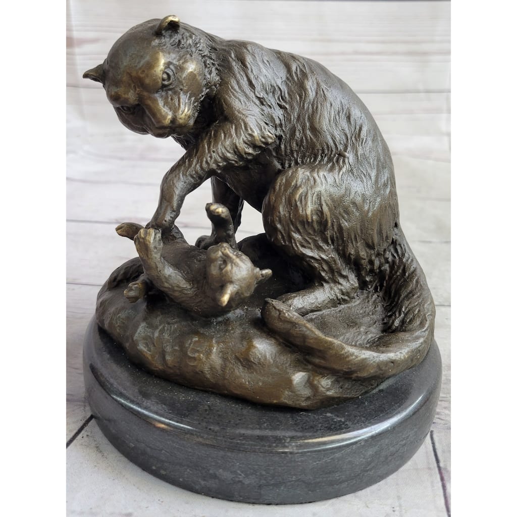 Playful Cat Kitten - Signed Handmade Bronze Sculpture On Marble Base By Milo