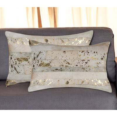 Set of Two 12" X 20" Natural and Gold Patchwork Cowhide Lumbar Throw Pillows with Glitter