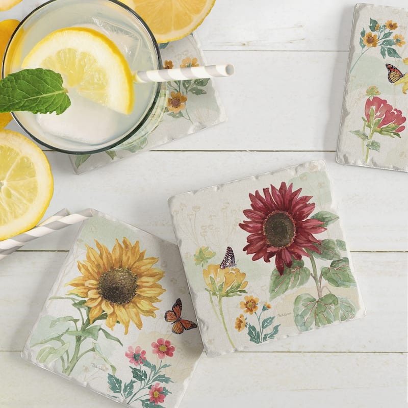 Absorbent Stone Beverage Coasters - Set of 4 - Sunflower Splendor - Multi-159