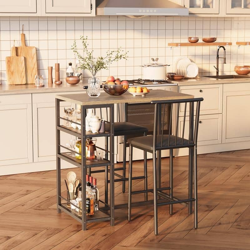 3 Pieces Bar Table Set and Chairs Set for 2 with 3 Storage Shelves