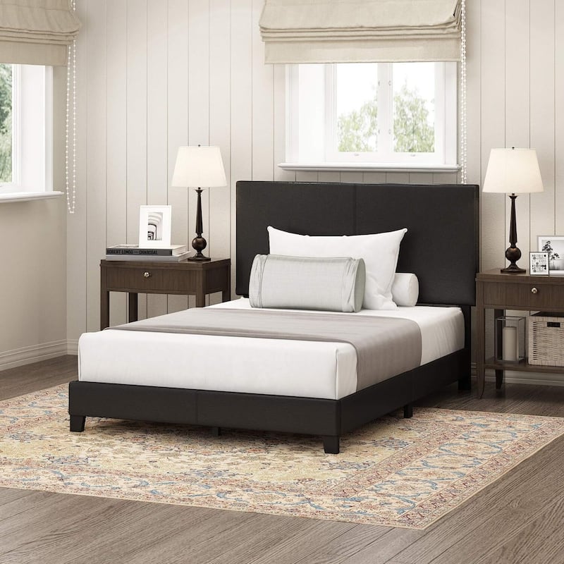 King Bed Frame Upholstered Black PU Leather Platform Bed Modern Glam Style