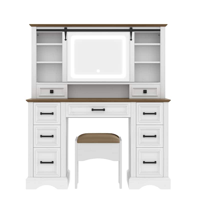 47.2" Farmhouse Makeup Vanity Desk with Sliding Mirror, Large Vanity Set with LED Lights