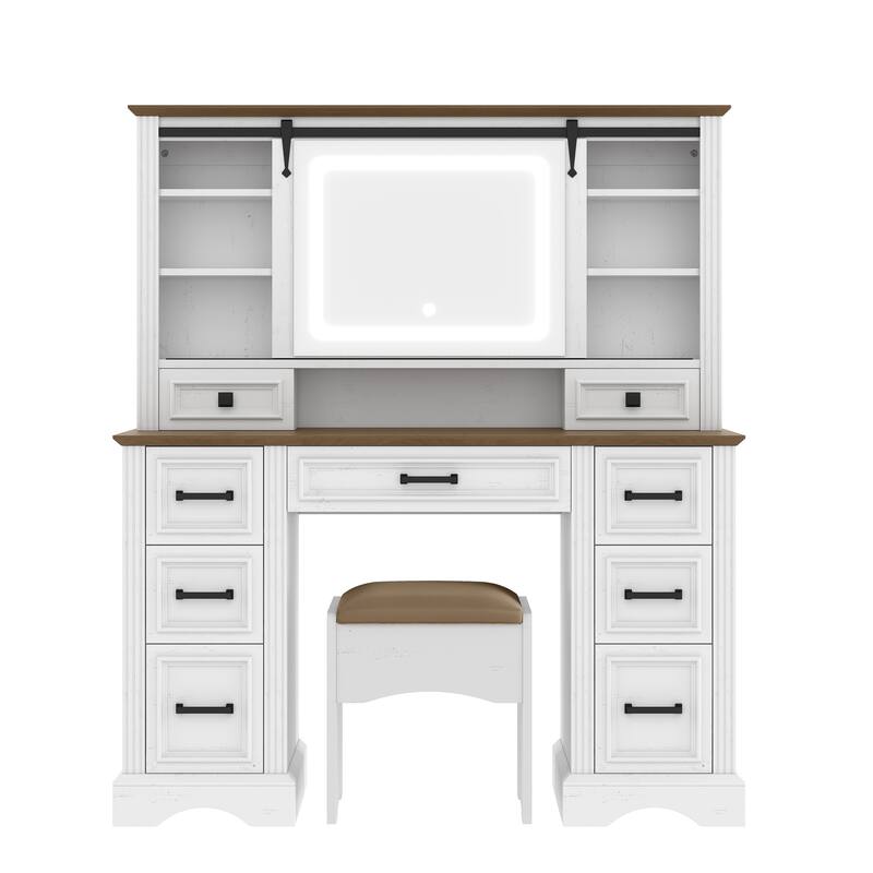 47.2" Farmhouse Makeup Vanity Desk with Sliding Mirror & LED Lights, 9-Drawer Dressing Table with Stool