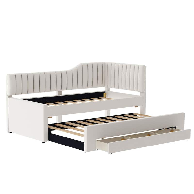 Twin Size Daybed Bed Frame with Linen Upholstered Backrest and Three Drawers, Pull-out Trundle Bed w/Slatted Support