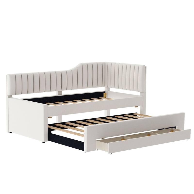 Versatile Upholstered Daybed with Trundle & 3 Drawers, Solid Wood Sofa Bedframe w/Backrest Design, for Living Rooms Guest Rooms