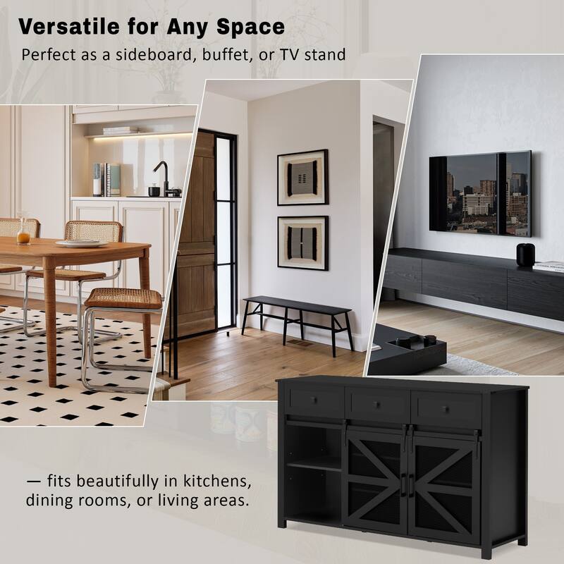 55" Sliding Barn Door Sideboard Buffet Cabinet with 3 Drawers, Adjustable Shelves, Metal Mesh & Particleboard Doors