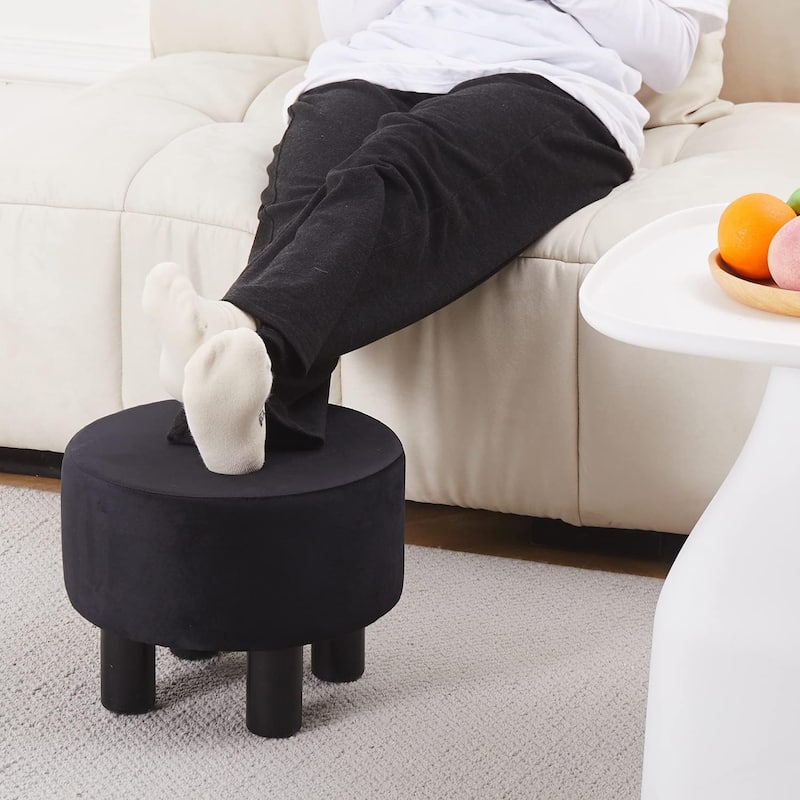 Modern Small Round Linen Ottoman Footstool with Wooden Legs for Bedroom or Living Room