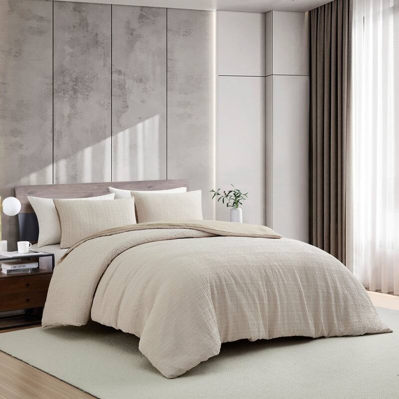 Kenneth Cole Stitched Gauze Beige Reversible Duvet Cover Set