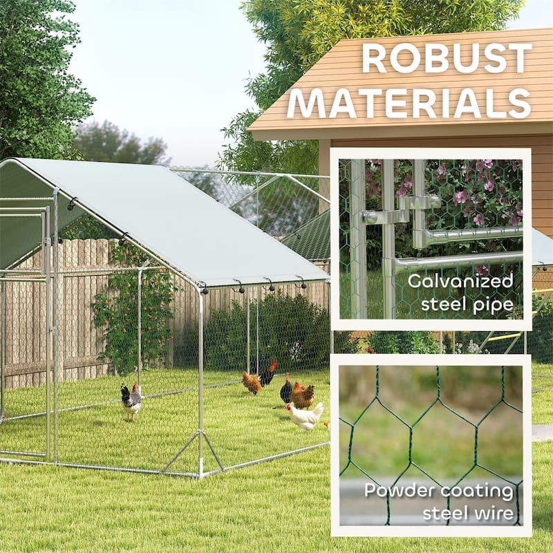 Galvanized Steel Chicken Run with Roof Cover and Secure Lock - 9.8'W x 26.2'D x 6.4'H