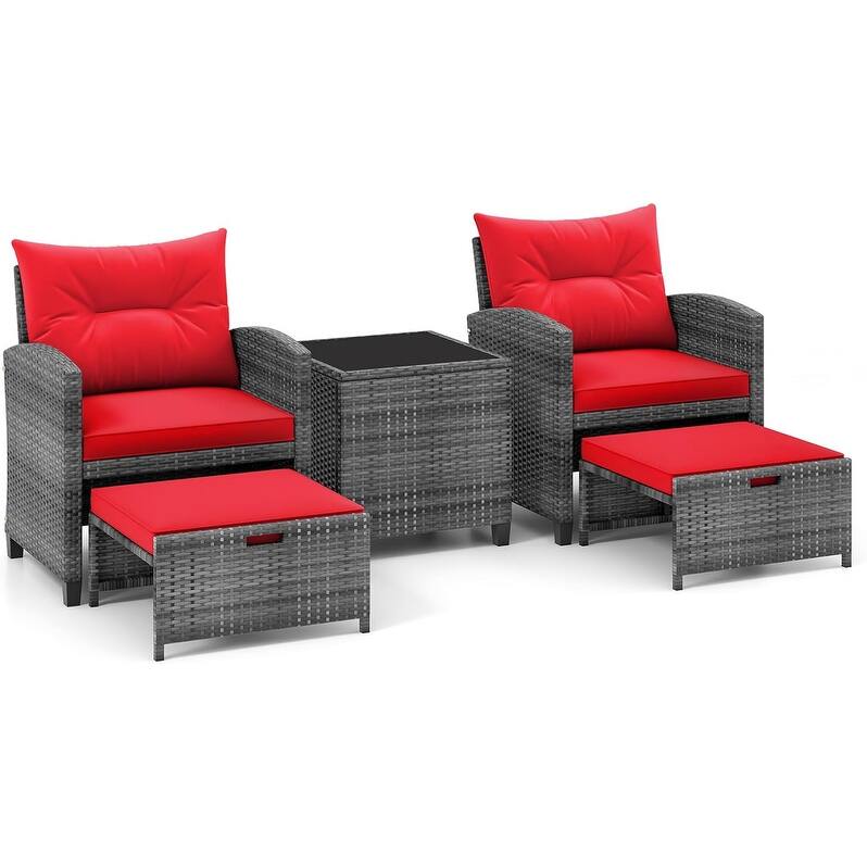 Gymax 5PCS Outdoor Rattan Furniture w/ 2 Ottomans & Tempered Glass