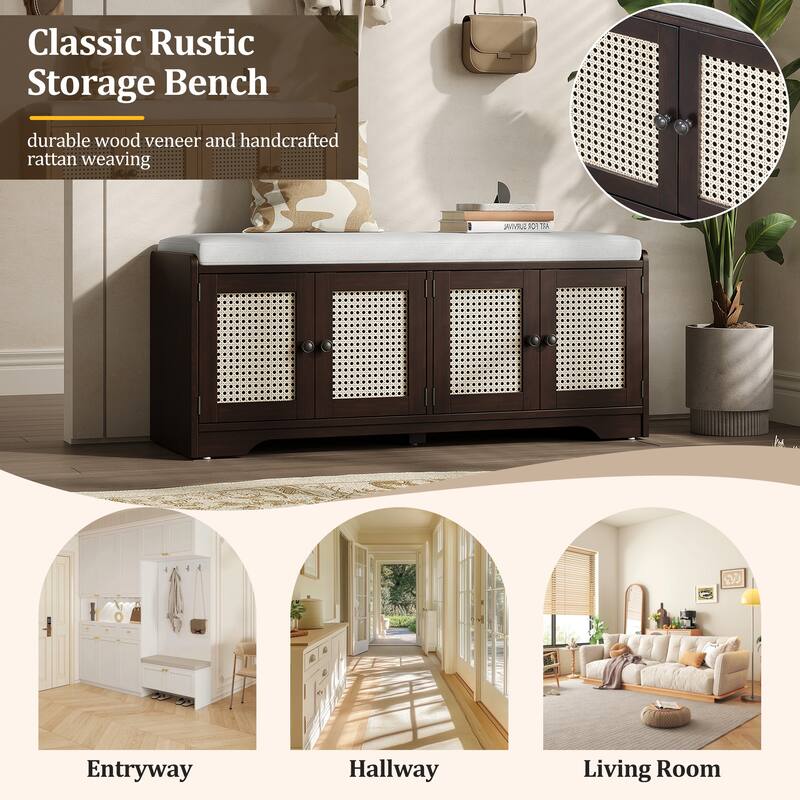 Multifunctional Entryway Bench Indoor Bench, Shoe Bench Beige Espresso Lounge Bench with Removable Cushion
