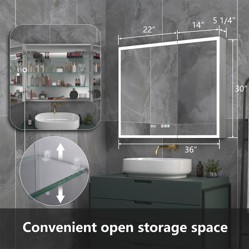 ExBrite 36" W x 30" H Led Lighted Medicine Cabinet Recessed or Surface with Clock - 36" x 30"