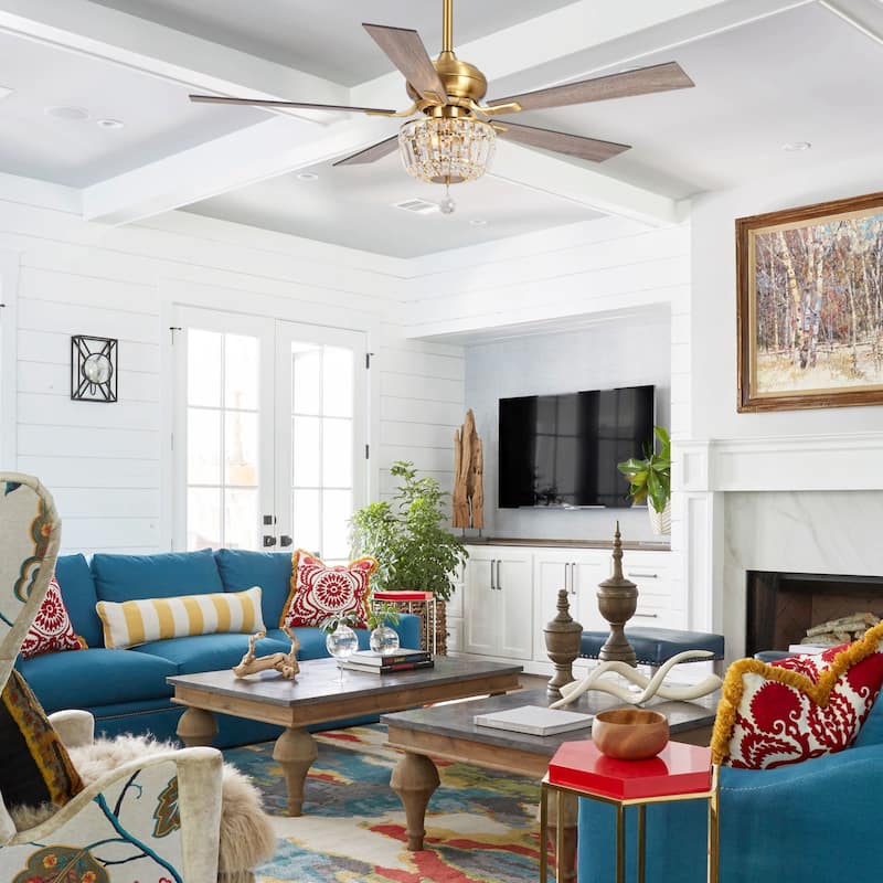 52-inch Brush Gold Wood 5-Blade Crystal LED Ceiling Fan with Remote