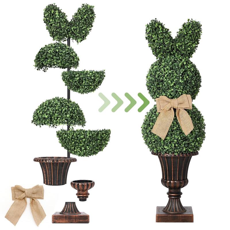 39"/3.25' Artificial Bunny Shaped Topiary Tree With Classic Planter Pot Rabbit Bowknot Faux