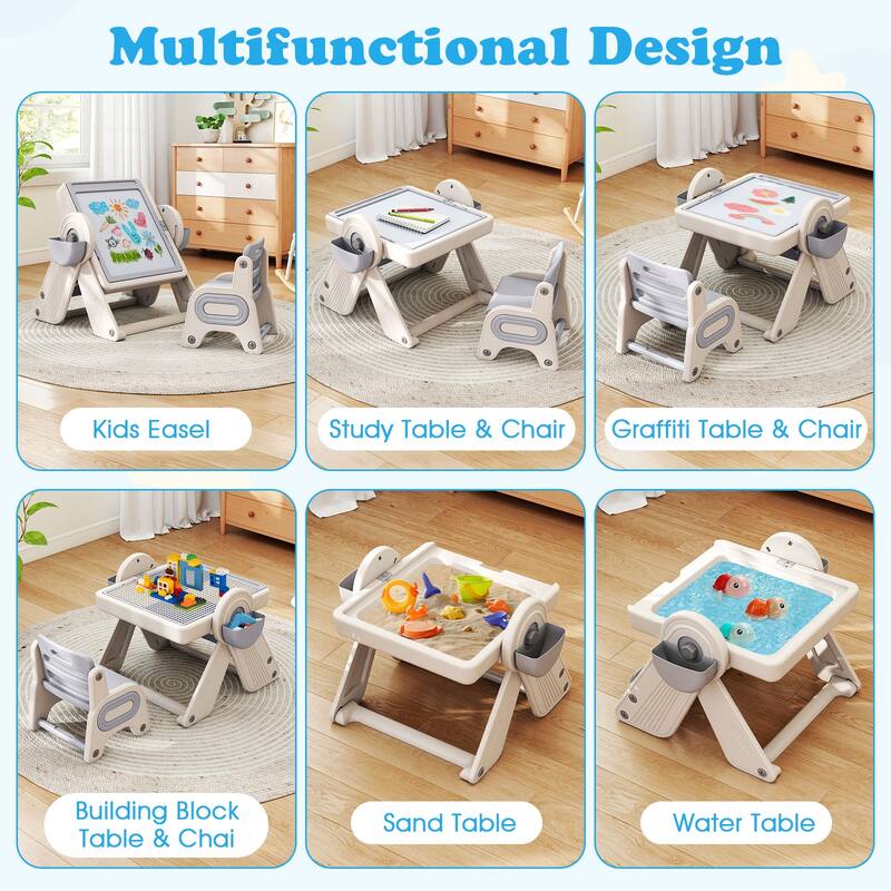 Kids Activity Table and Chair Set with Adjustable Easel Double-Sided Magnetic Whiteboard and Storage for Toddlers 18 Months Plus