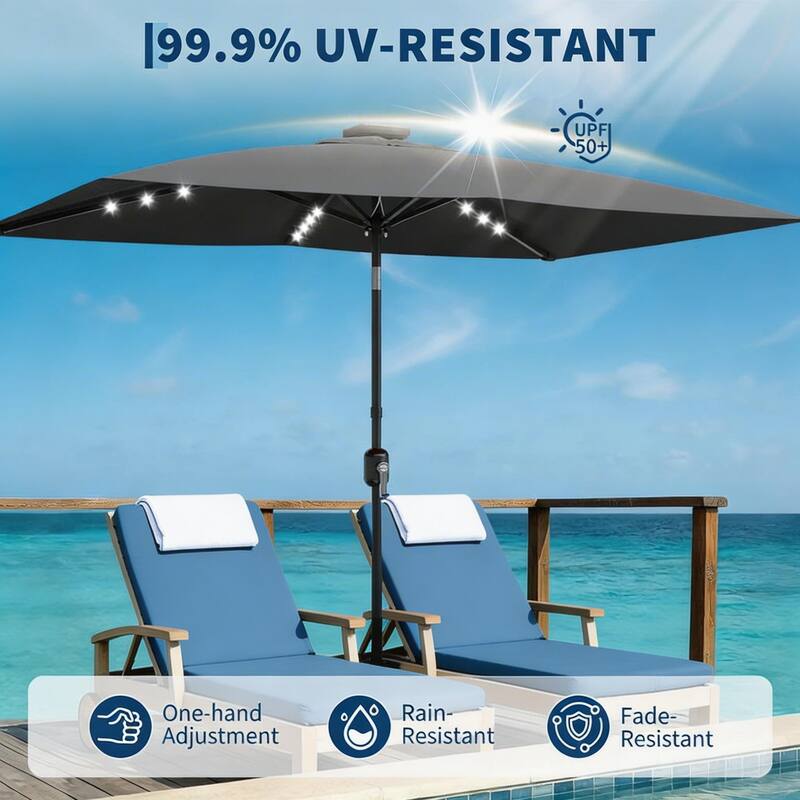 10 x 6.5 ft Solar Rectangular Patio Umbrella, with LED Lights