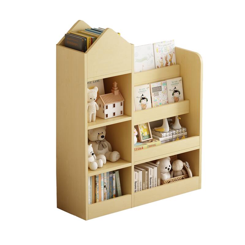 Wood Kids Wooden Bookshelf Toy Storage Organizer with Bookcase, Bin Storage Unit with 6 Compartments 2 Baskets Box Organizer