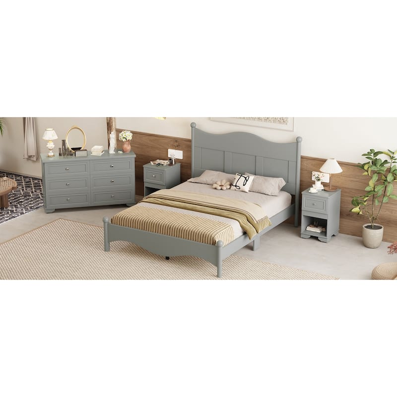Queen Size Elegant Wood Platform Bed Frame, Retro Style, No Box Spring Needed, Sturdy Wooden Slat Support, Bedroom Furniture