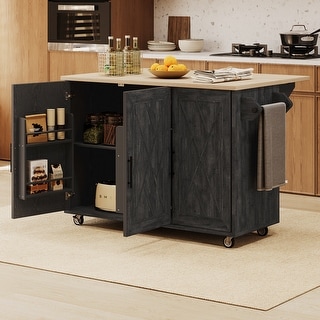 Andehomy 55.7" Kitchen Island With 2 Drop Leaves - Rolling Cart With Power Outlet, Drawers, Spice Rack (Black)