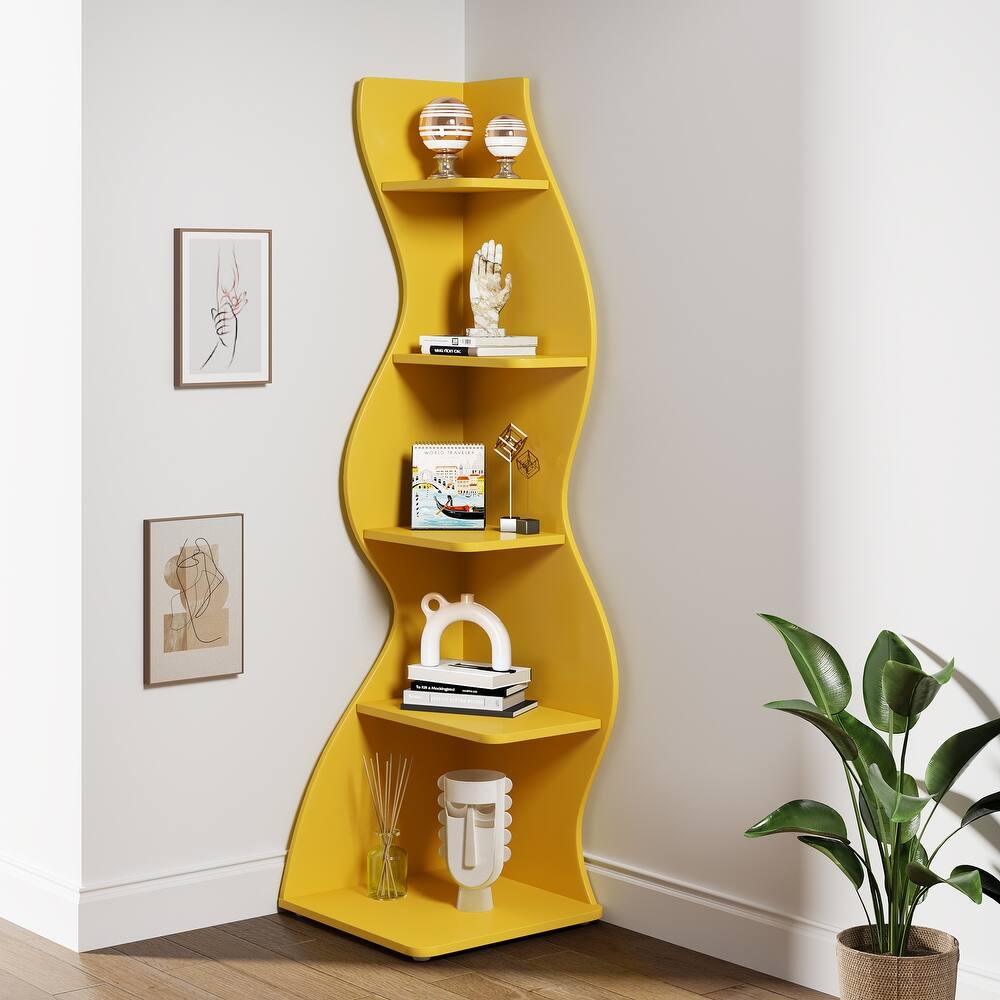Modern Wood Corner Shelf, 5-Tier Bookshelf Bookcase for Living Room