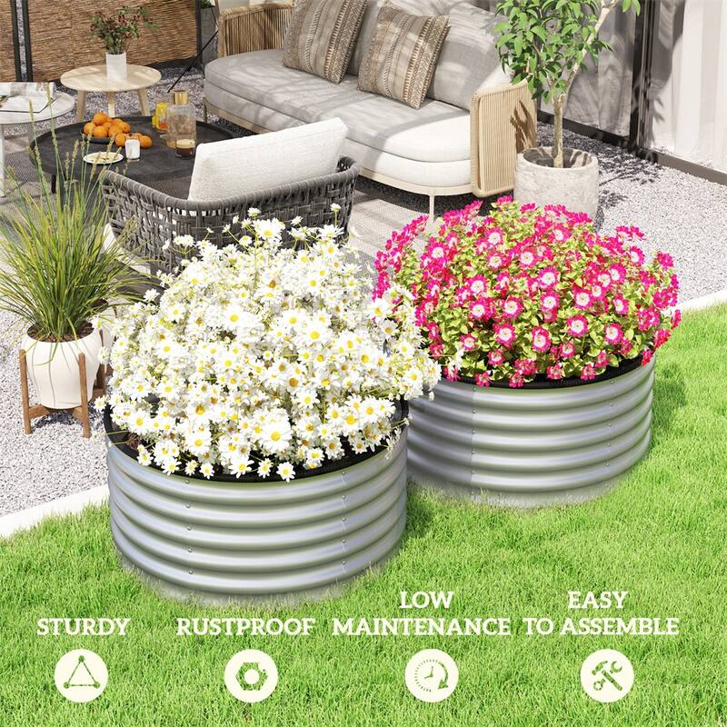 Silver Galvanized Steel Raised Garden Beds Set of 2 with Drainage - 35.5" Dia x 17" H