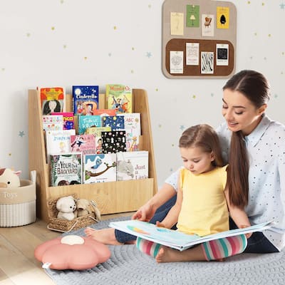 4-Tier Kids Bookshelf Wood Toddler Bookcase w/ Deep Display Shelf