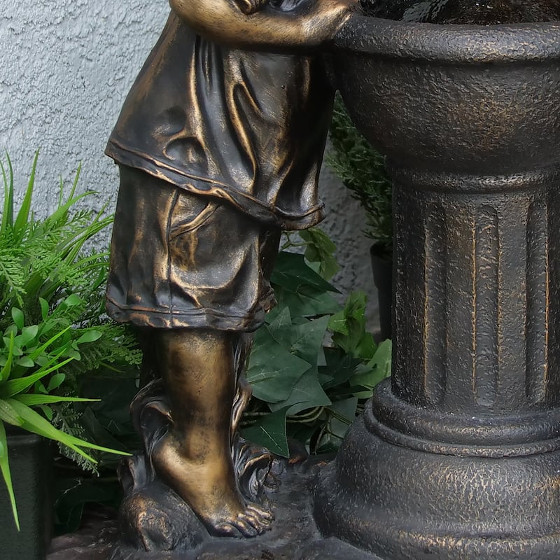 Alpine Corporation Outdoor Floor Joyful Boy and Girl Drinking Water Fountain, Playful Garden Waterfall with LED Lights