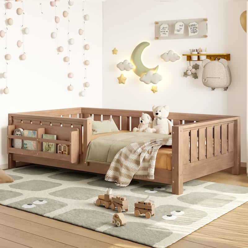 Low Profile Montessori Bed Floor Platform Bed with Fence and Bookshelf