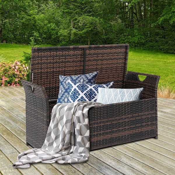 Patio Garden Brown PE Rattan Wicker Storage Bench with Cushion Bed