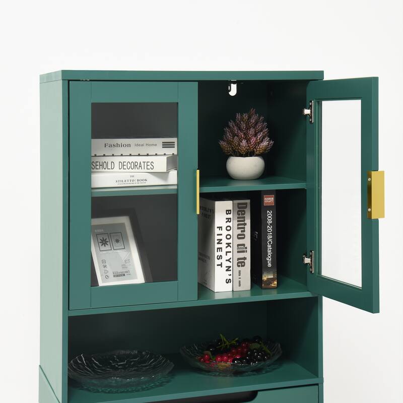 Tall Storage Show Cabinet with 2 Glass Display Door & 2 Doors, Kitchen Pantry Cabinet with Gold Handles，Cabinet Freestanding