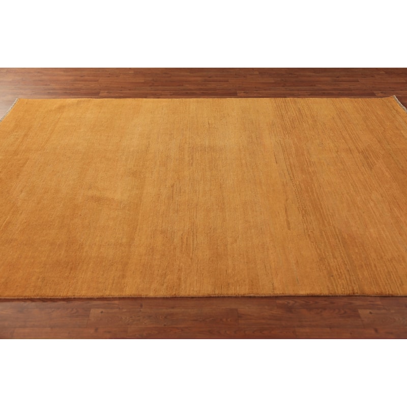 Modern Gabbeh Area Rug Hand-Knotted Solid Orange Wool Carpet - 5'9" x 8'8"