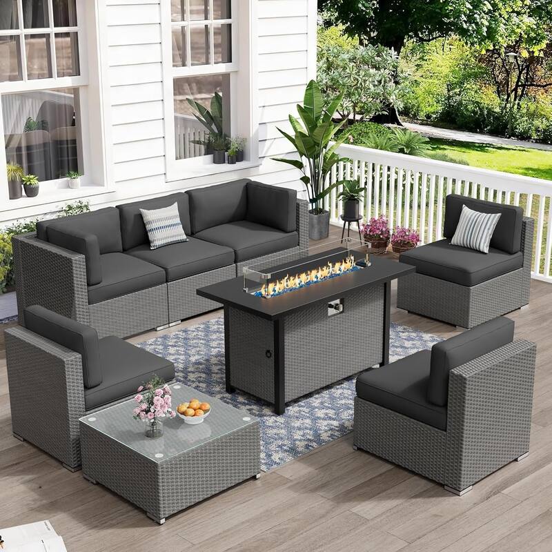 7-piece Outdoor Patio Grey Wicker Rattan Cushioned Sectional Sofa Conversation Set