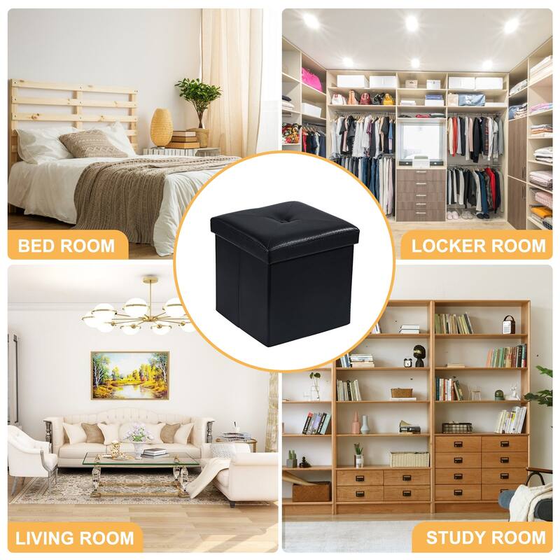 2 PC Storage Folding Ottoman, Storage Footrest Stool, Faux Leather Storage Bench Cube with Padded Seat for Small Space