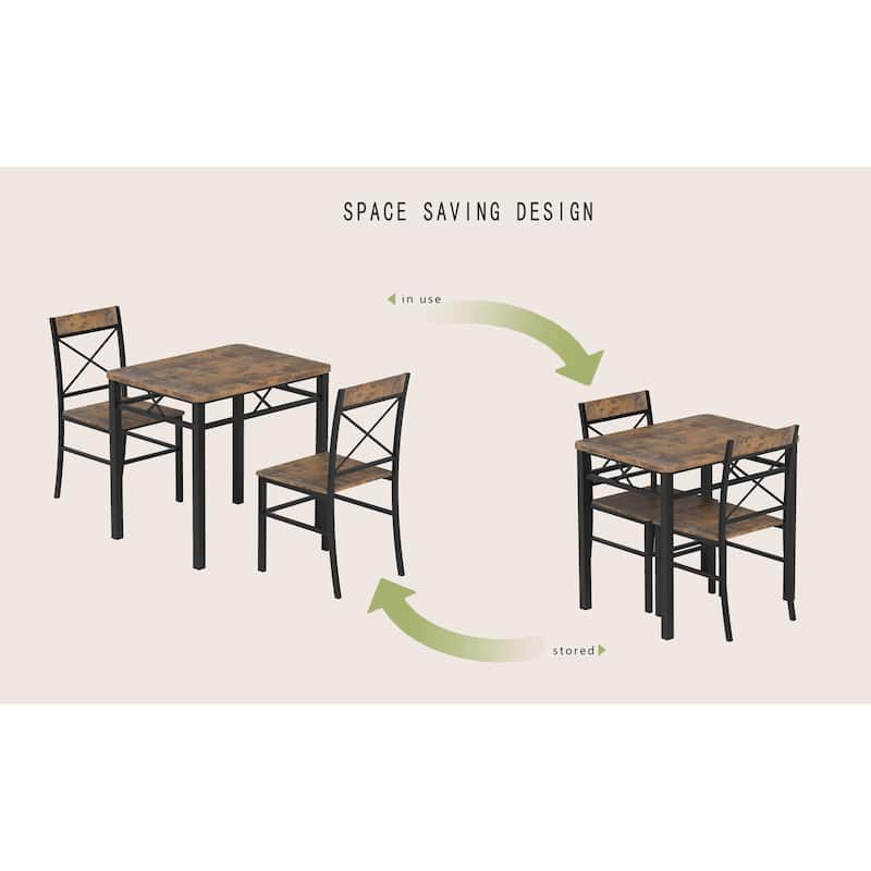 3 Piece Wooden Dining Table Set with Rectangular Dining Table and Dining Chair, Metal Legs for Kitchen Brown