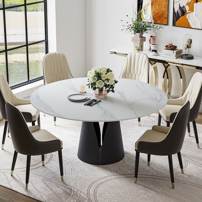 Modern Round White Dining Table，Sintered Stone Tabletop, Solid Black Carbon Steel Base - 59" - Matte White Tabletop-Black Base