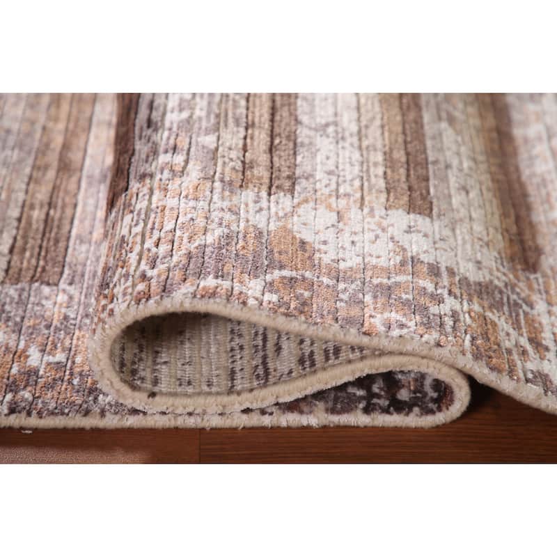 Striped Brown Abstract Oriental Accent Rug Handmade Wool Carpet - 4'1"x 5'11"
