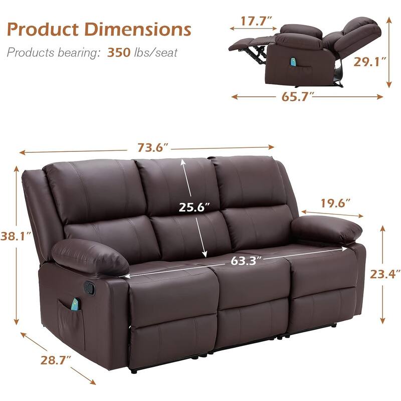 AECOJOY 3-Seater Reclining Sofa with Heat and Massage Function