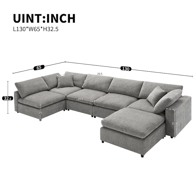 130'' U-Shaped 6-Seater Modular Sectional Sofa with Ottoman, Convertible Sleeper, and Customizable Layout Options