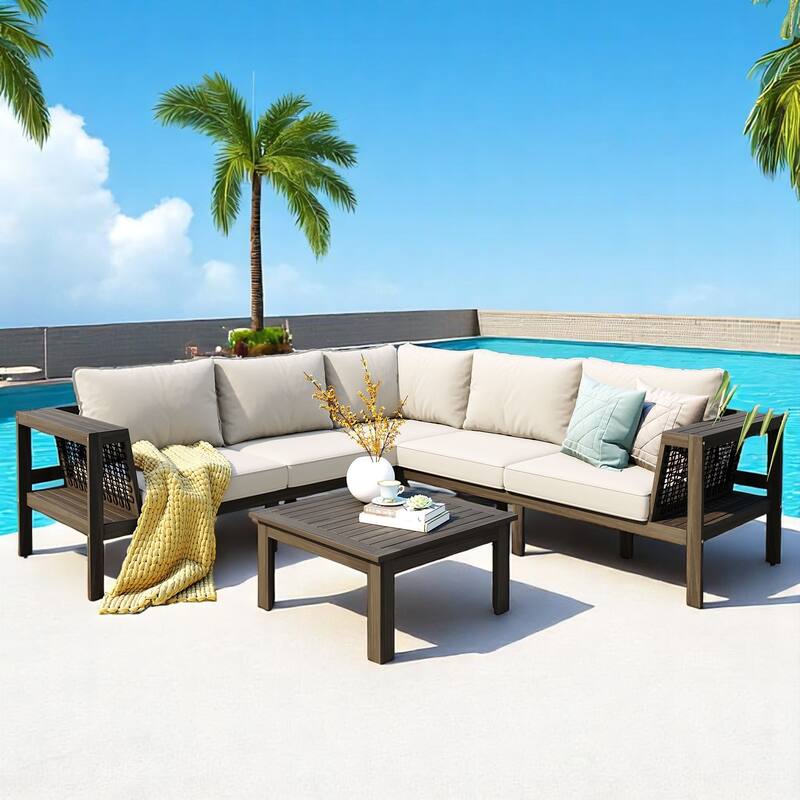4-Piece Acacia Wood Patio Furniture Set with Armrests, Cushions and Pillows,Outdoor Sectional Sofa for Balcony, Garden,or Deck