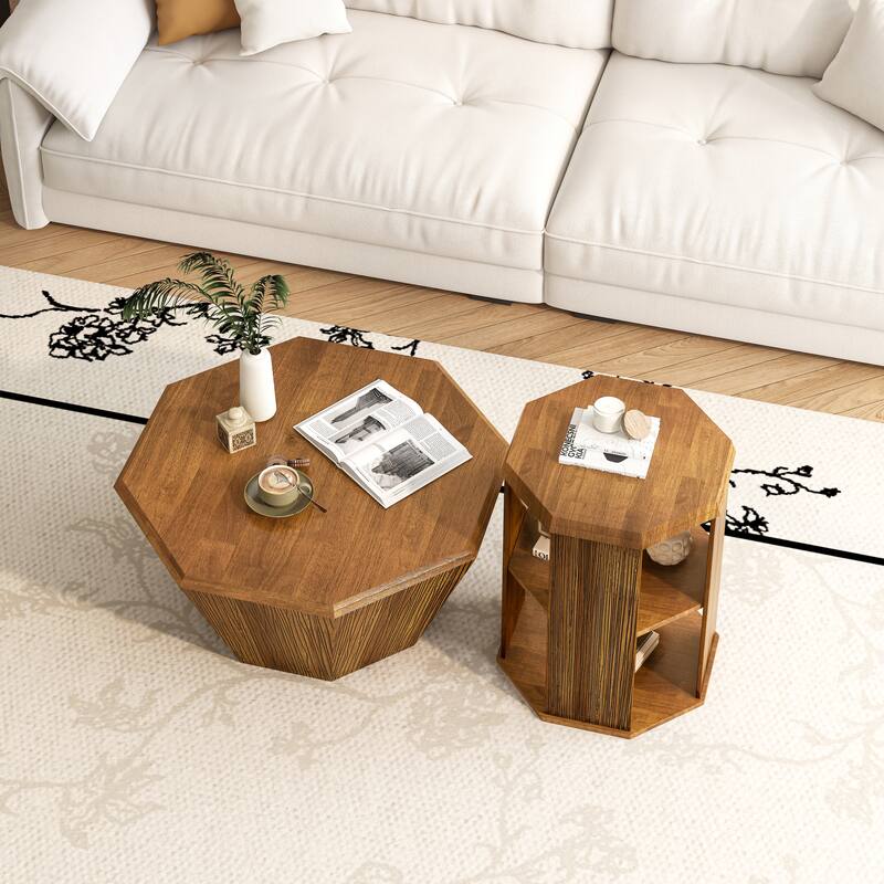 31.5" Octagonal Coffee Table Set of 2, Rubber Wood Center Table and Side Table with Open Storage Shelf for Living Room
