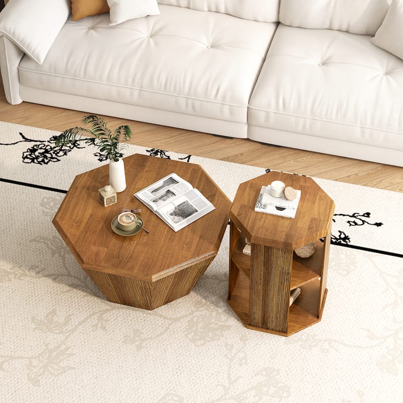 31.5" Octagonal Rubber wood Coffee Tables (Set of 2 Pieces)