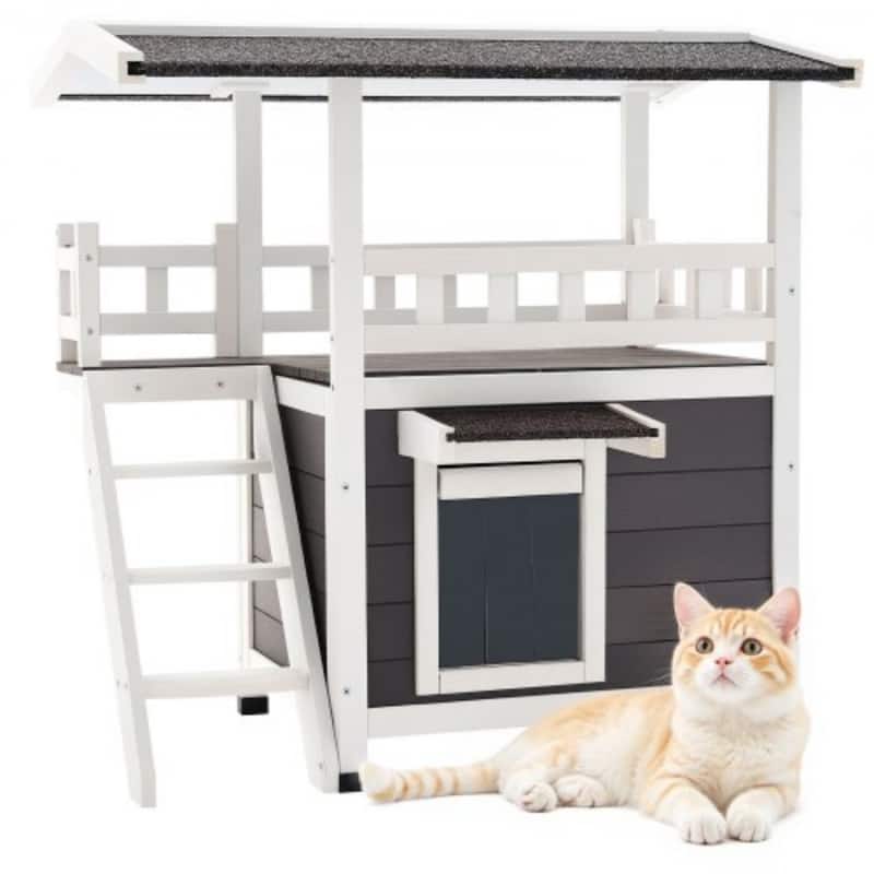 Outdoor Wooden Cat House with Balcony and Waterproof Roof Elevated Shelter for Sunbathing