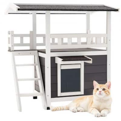 Outdoor Wooden Cat House with Balcony and Waterproof Roof Elevated Shelter for Sunbathing