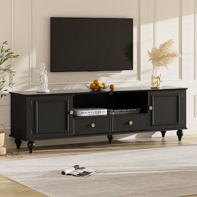 70.9"TV Stand for TVs up to 80 Inches, Entertainment Center with Open Compartment, 2 Drawers, 2 Cabinets and 5 Solid Legs