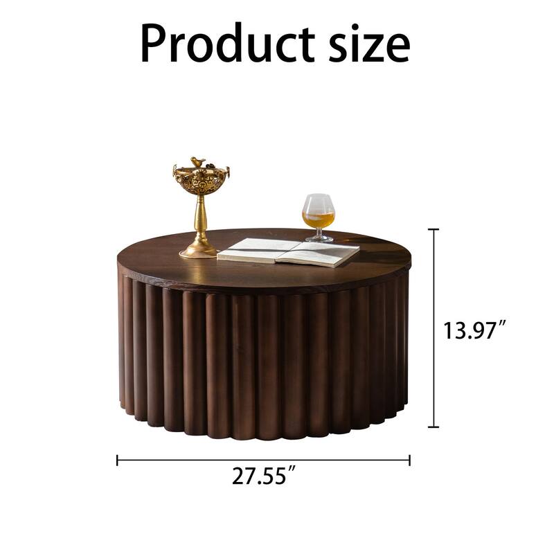 Round Coffee Table With Lift Handcrafted Relief Sturdy Pedestal Wooden Tea Table