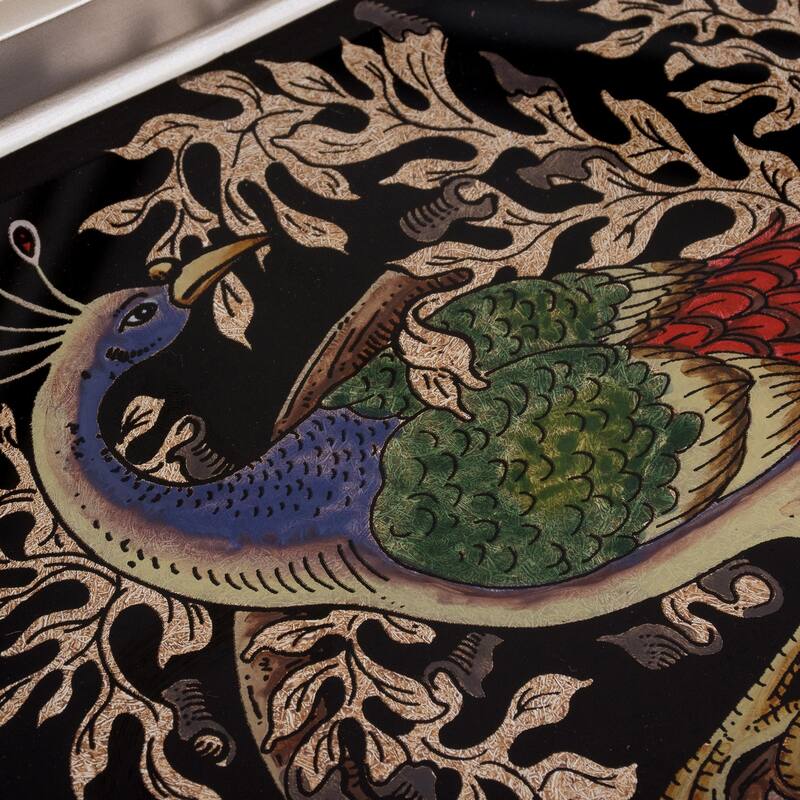 Novica Handmade Peacock Charm In Silver Reverse-Painted Glass Tray (12 Inch)
